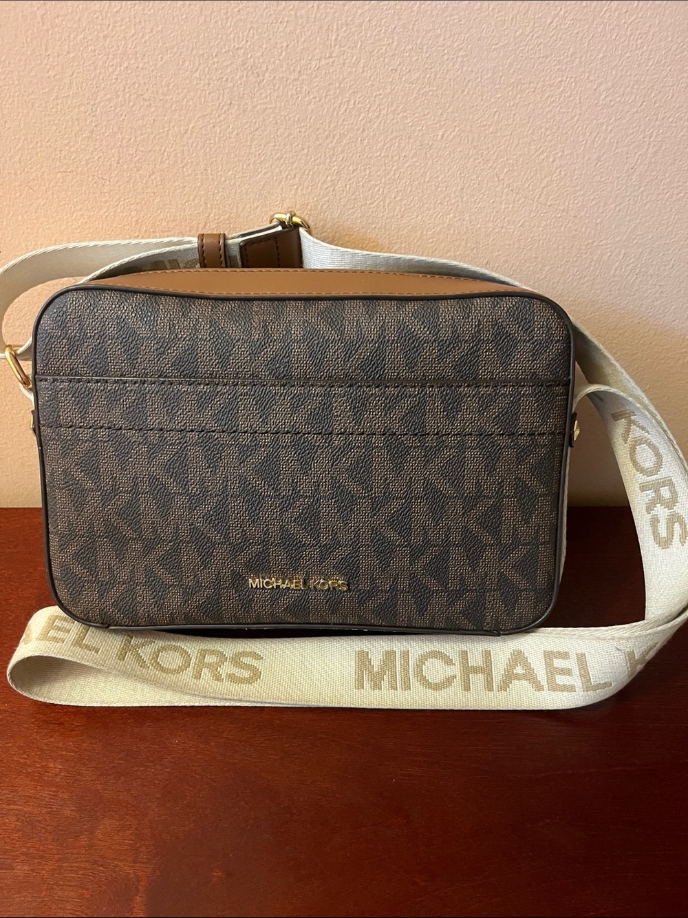 Michael Kors Brown Logo Messenger Bag with Cream Strap